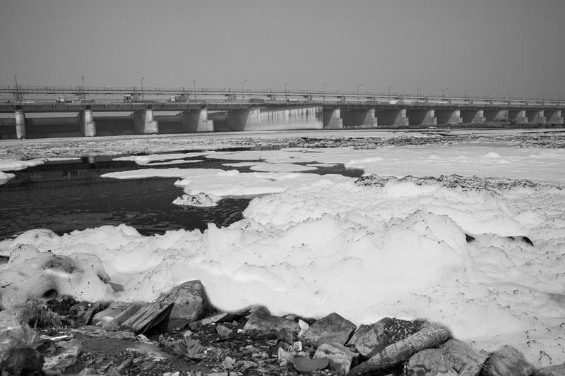Stretch of river Yamuna polluted with untreated industrial wastewater in South-East district, National Capital Territory of Delhi